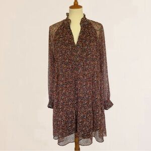 1.STATE Floral Chiffon Dress Fully Lined Sheer Sleeves Tiered Skirt Butt…